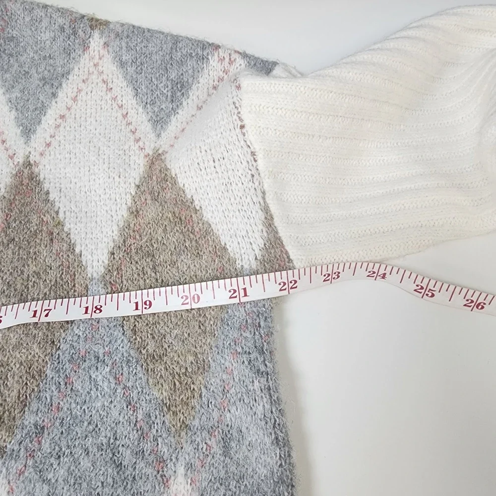 Rachel Zoe Sweater Women's S Ivory Academia Argyle Preppy Ribbed Knit Cardigan